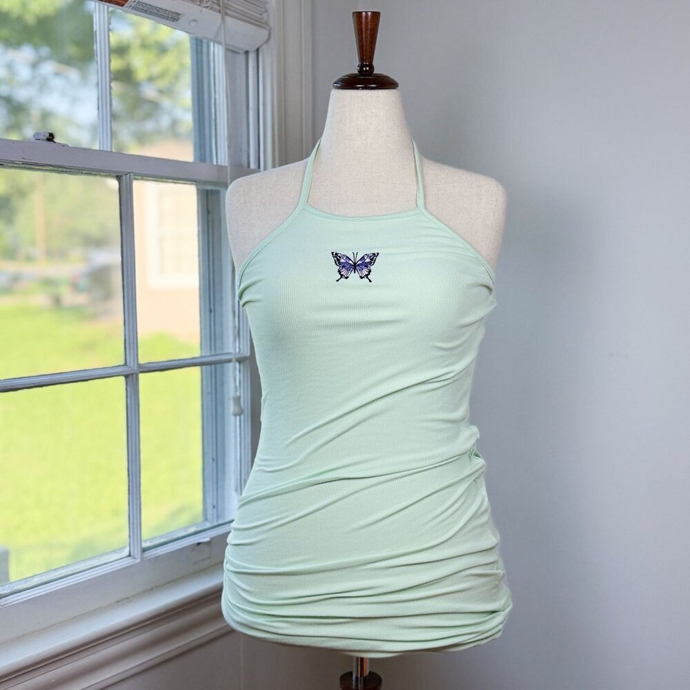 Embroidered Butterfly Mint Green Ribbed Bodycon Halter Dress Large Beach Y2K